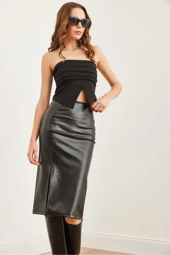 Women's Black Slit Side Zippered Midi Faux Leather - 5
