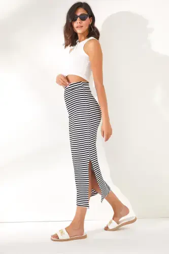 Women's Black Slit Striped Lycra Midi Skirt ET - 1