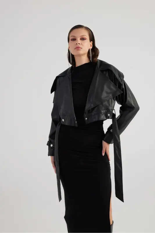 Women's Black Snap Fastener Lined Neeko Leather Jacket - 4