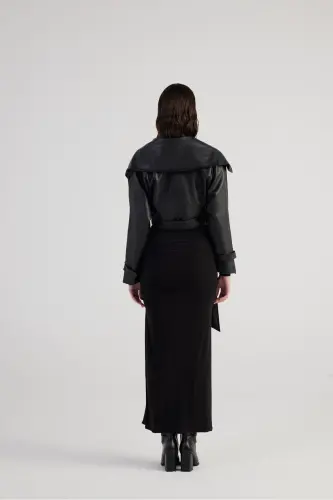 Women's Black Snap Fastener Lined Neeko Leather Jacket - 5