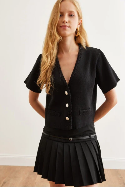 Women's Black Soft Textured Short Sleeve Knit Cardigan HRK-19000296 - OLALOOK