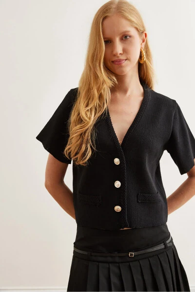 Women's Black Soft Textured Short Sleeve Knit Cardigan HRK-19000296 - OLALOOK (1)