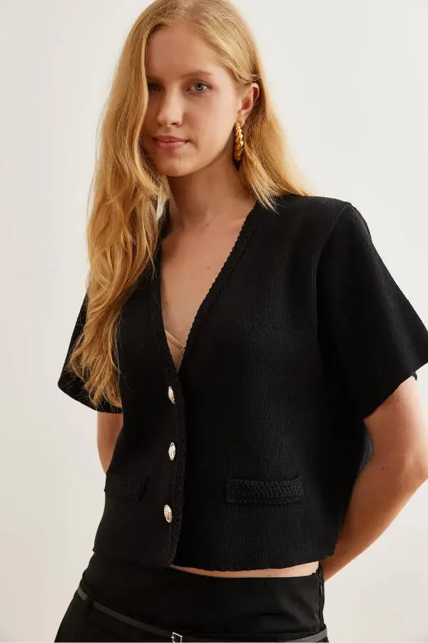 Women's Black Soft Textured Short Sleeve Knit Cardigan HRK-19000296 - 3