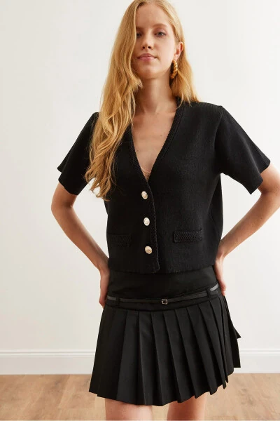 Women's Black Soft Textured Short Sleeve Knit Cardigan HRK-19000296 - 4