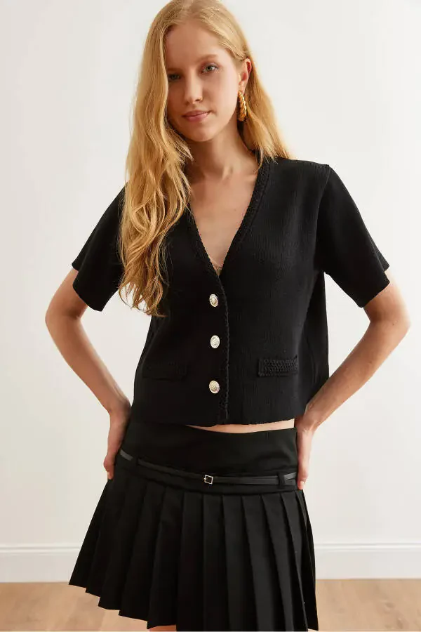 Women's Black Soft Textured Short Sleeve Knit Cardigan HRK-19000296 - 5