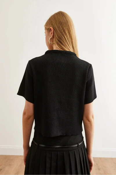 Women's Black Soft Textured Short Sleeve Knit Cardigan HRK-19000296 - 6