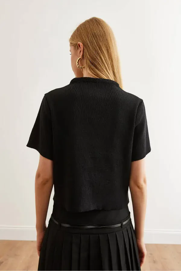 Women's Black Soft Textured Short Sleeve Knit Cardigan HRK-19000296 - 6