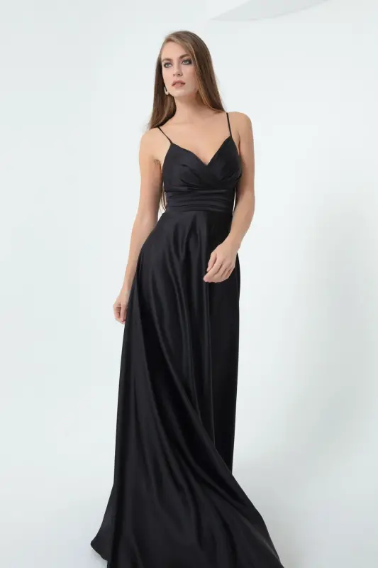 Women's Black Spaghetti Strap Belted Satin Long Evening & Graduation Dress-Black - 8