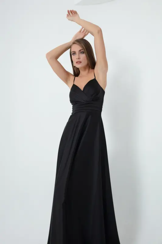 Women's Black Spaghetti Strap Belted Satin Long Evening & Graduation Dress-Black - 10