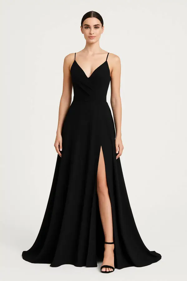 Women's Black Spaghetti Strap Crossover Neck Slit Maxi Dress - 1