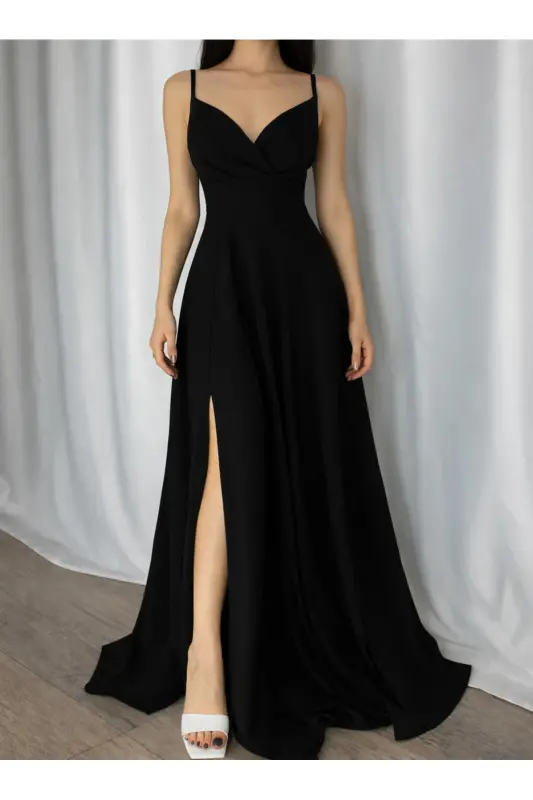 Women's Black Spaghetti Strap Crossover Neck Slit Maxi Dress - LACASE