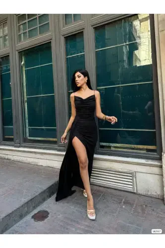 Women's Black Spaghetti Strap Glitter Fukuro Fabric Evening Dress-Black - 1