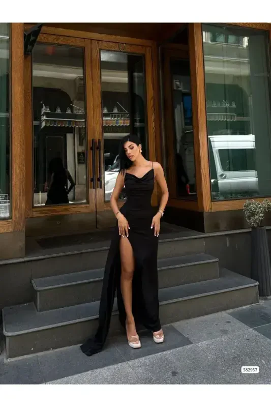 Women's Black Spaghetti Strap Glitter Fukuro Fabric Evening Dress-Black - 4