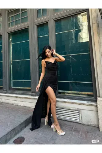 Women's Black Spaghetti Strap Glitter Fukuro Fabric Evening Dress-Black - 5