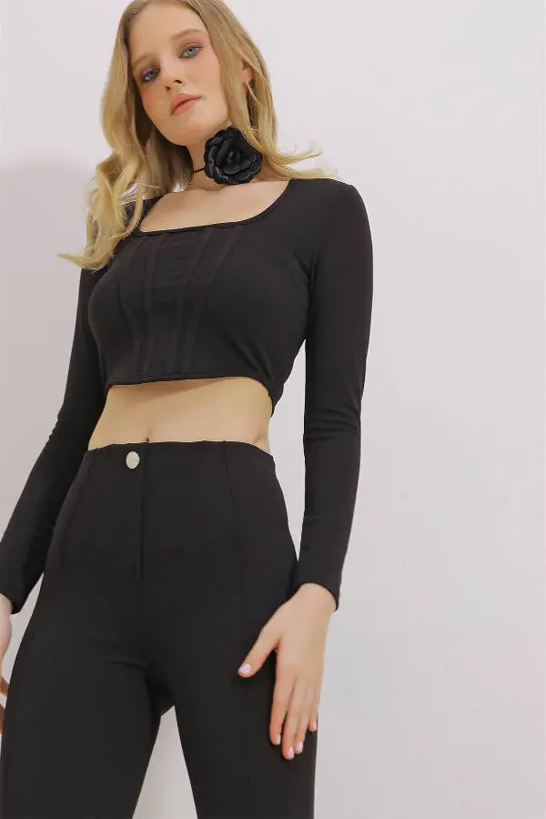 Women's Black Square Neck Front Stitched Crop Blouse ALC-X11437 - 1