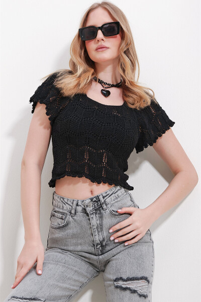 Women's Black Square Neck Lace Knit Blouse ALC-X11555 - 3
