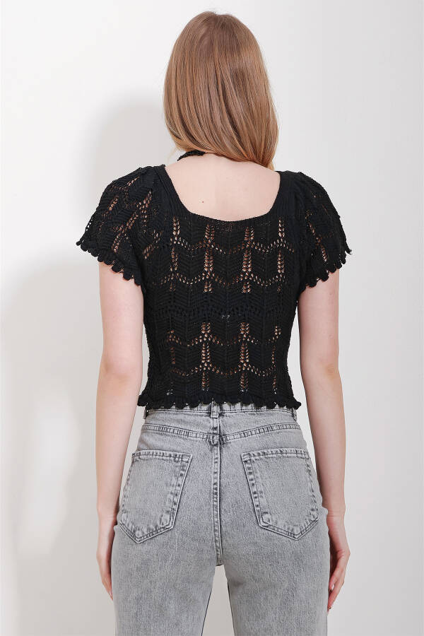 Women's Black Square Neck Lace Knit Blouse ALC-X11555 - 5