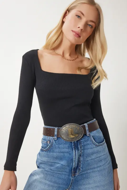 Women's Black Square Neck Ribbed Knitted Blouse GT00052 - 6