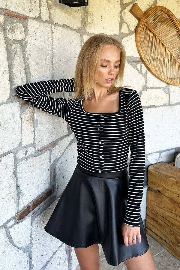 Women's Black Square Neck Stone Button Striped Blouse Alc-X10956 - 2