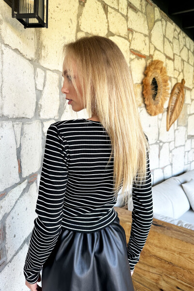 Women's Black Square Neck Stone Button Striped Blouse Alc-X10956 - 6