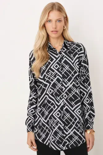 Women's Black Square Pattern Oversized Long Basic Shirt Arm-22Y001144 - ARMONIKA (1)