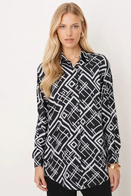 Women's Black Square Pattern Oversized Long Basic Shirt Arm-22Y001144 - 2