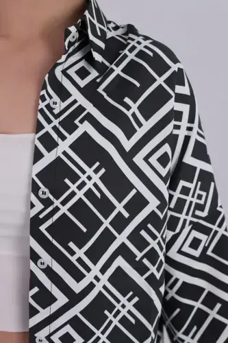 Women's Black Square Pattern Oversized Long Basic Shirt Arm-22Y001144 - 3