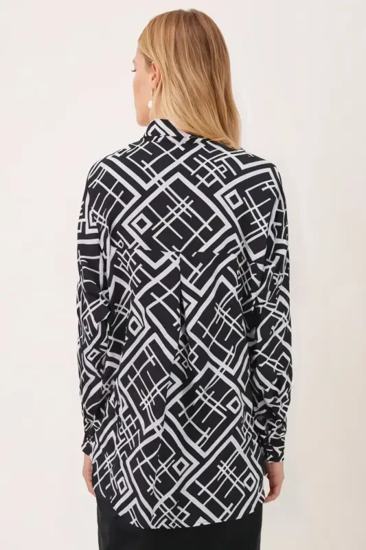 Women's Black Square Pattern Oversized Long Basic Shirt Arm-22Y001144 - 4