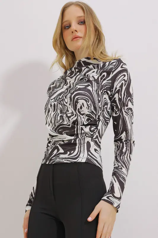 Women's Black Stand Collar Off-Shoulder Ruched Printed Blouse ALC-X11131 - TREND ALAÇATI STILI