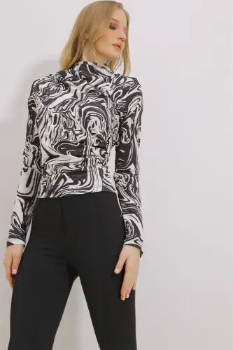 Women's Black Stand Collar Off-Shoulder Ruched Printed Blouse ALC-X11131 - TREND ALAÇATI STILI (1)