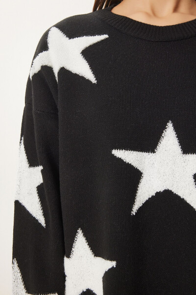Women's Black Star Embroidered Oversize Knit Sweater VN - 6