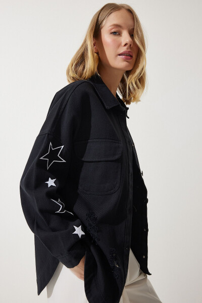 Women's Black Star Embroidered Oversized Shirt Jacket SA00026 - Modazone