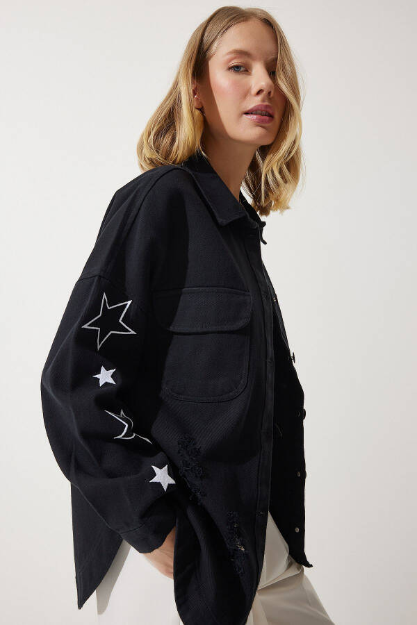 Women's Black Star Embroidered Oversized Shirt Jacket SA00026 - 1