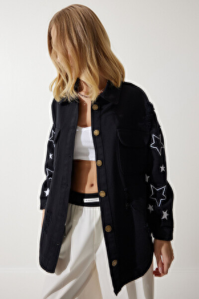 Women's Black Star Embroidered Oversized Shirt Jacket SA00026 - Modazone (1)