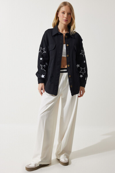 Women's Black Star Embroidered Oversized Shirt Jacket SA00026 - 3