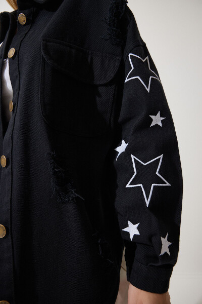Women's Black Star Embroidered Oversized Shirt Jacket SA00026 - 4