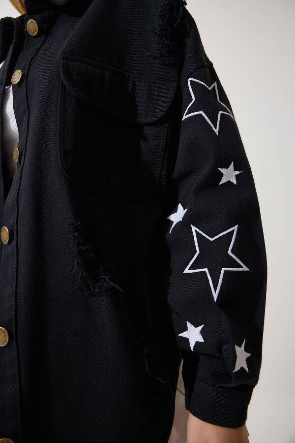 Women's Black Star Embroidered Oversized Shirt Jacket SA00026 - 4
