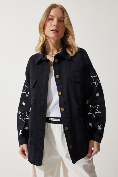 Women's Black Star Embroidered Oversized Shirt Jacket SA00026 - 5