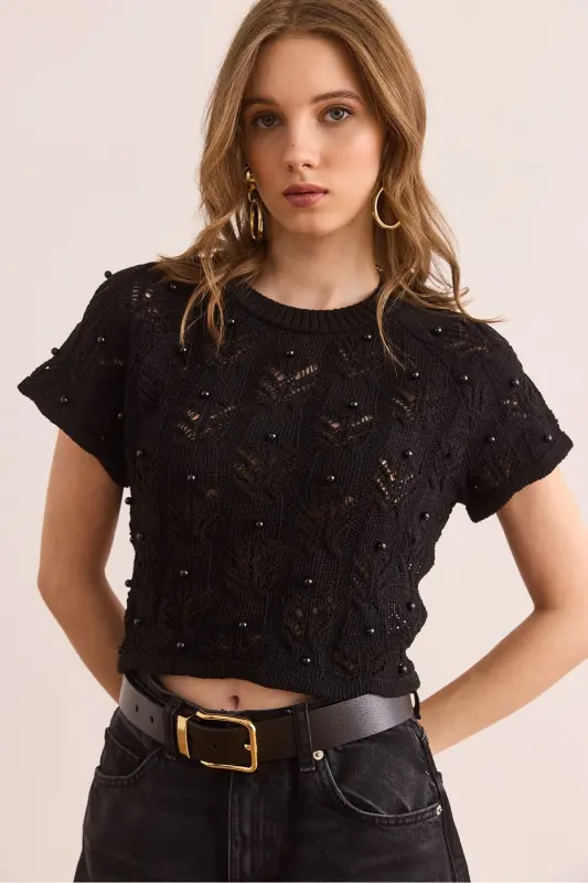 Women's Black Stone Detailed Backless Crop Knit - 3