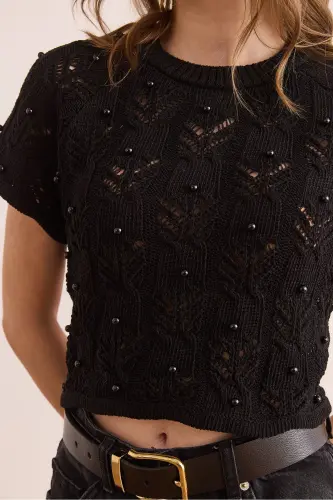 Women's Black Stone Detailed Backless Crop Knit - 4