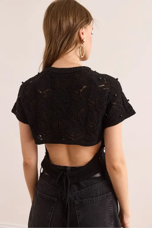 Women's Black Stone Detailed Backless Crop Knit - 5