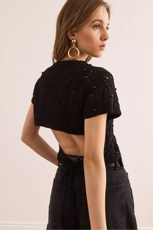 Women's Black Stone Detailed Backless Crop Knit - 6