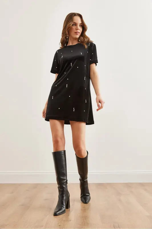 Women's Black Stone Detailed Crew Neck Mini Velvet Dress - 2