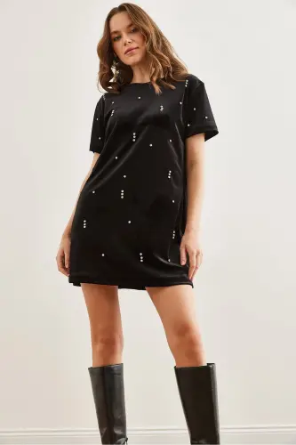 Women's Black Stone Detailed Crew Neck Mini Velvet Dress - 3
