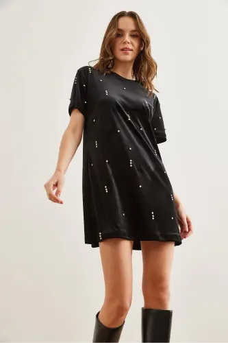 Women's Black Stone Detailed Crew Neck Mini Velvet Dress - 4