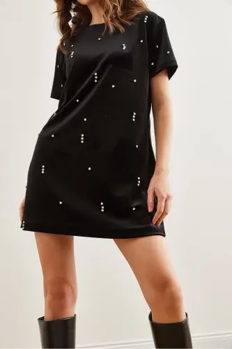 Women's Black Stone Detailed Crew Neck Mini Velvet Dress - 5