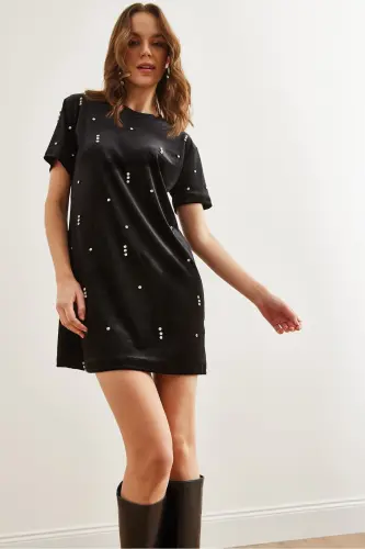 Women's Black Stone Detailed Crew Neck Mini Velvet Dress - 7
