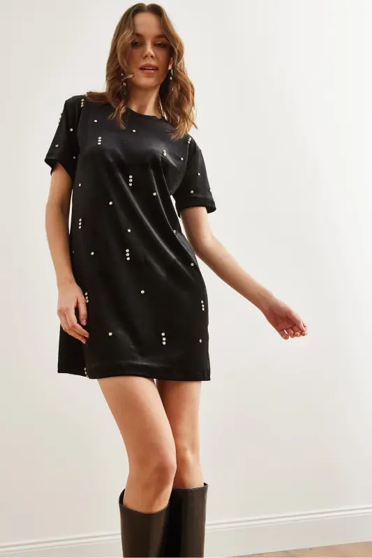 Women's Black Stone Detailed Crew Neck Mini Velvet Dress - 7