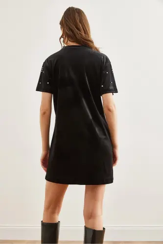 Women's Black Stone Detailed Crew Neck Mini Velvet Dress - 8