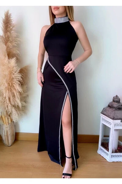 Women's Black Stone Neck Detailed Deep Slit Long Evening Dress - WOOLNCLYDE
